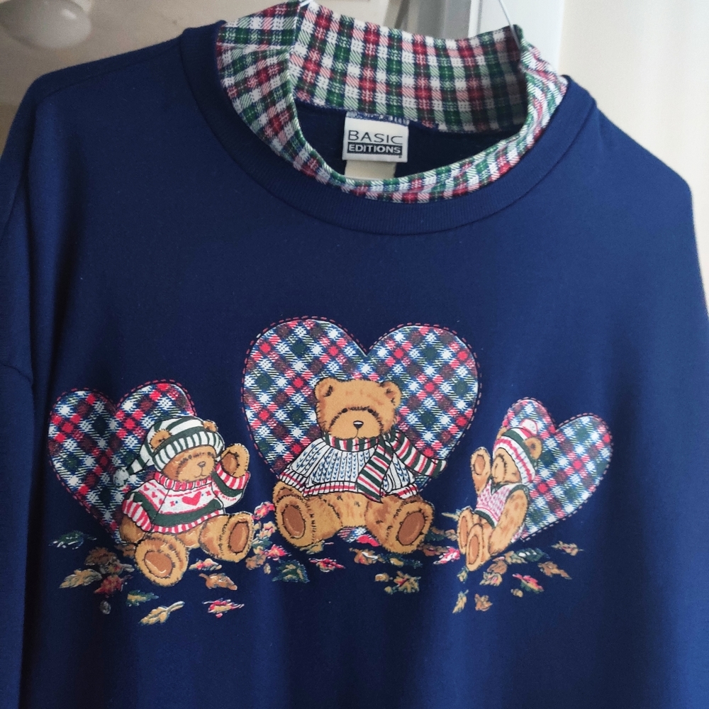 💙SOLD💙 VINTAGE 80s Teddy Bear Plaid Mock Neck Navy Crewneck Sweater XXL - Picture 7 of 9